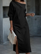 Long Sleeves Loose Solid Color Split-Side One-Shoulder Midi Dresses