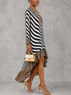Zipper Split-Joint Ruffled Printed Leopard Loose High-low V-neck Midi Dresses