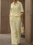 Solid Color Half Sleeves Lapel Blouses&Shirts Tops +  High Waisted Pleated Trousers Pants Two Pieces Set