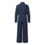 Zipper Split-Joint Solid Color Pockets Wide Leg Long Sleeves Lapel Jumpsuits