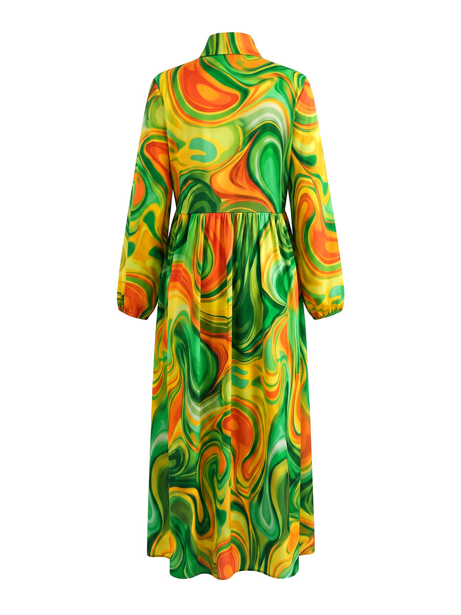 Printed Pockets Pleated Contrast Color Loose Long Sleeves Stand Collar Maxi Dresses