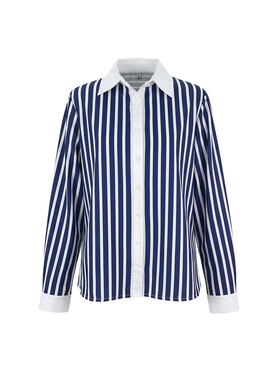 Long Sleeves Buttoned Contrast Color Striped Lapel Blouses&Shirts Tops
