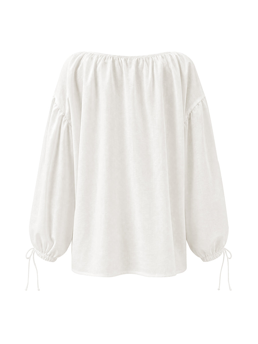 Split-Joint Solid Color Pleated Hollow Drawstring Loose Long Sleeves Cold shoulder Blouses&shirts Tops