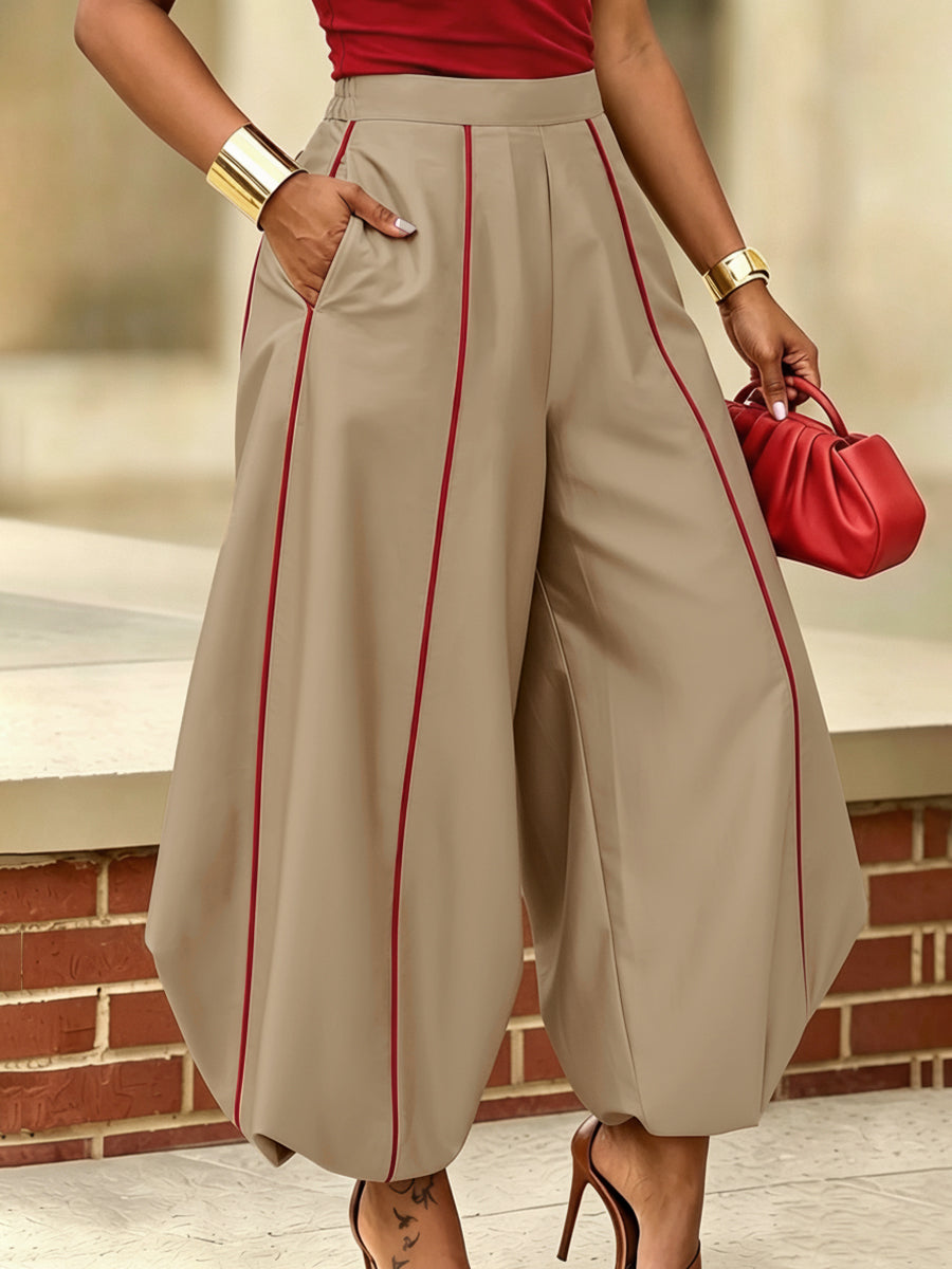 Pockets Elasticity Contrast Color Wide Leg Loose Trousers Pants