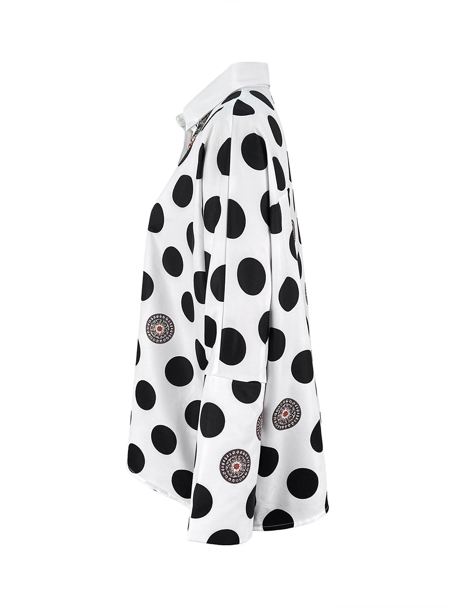 Long Sleeves Loose Buttoned Polka Dot Printed V-Neck Blouses&Shirts Tops