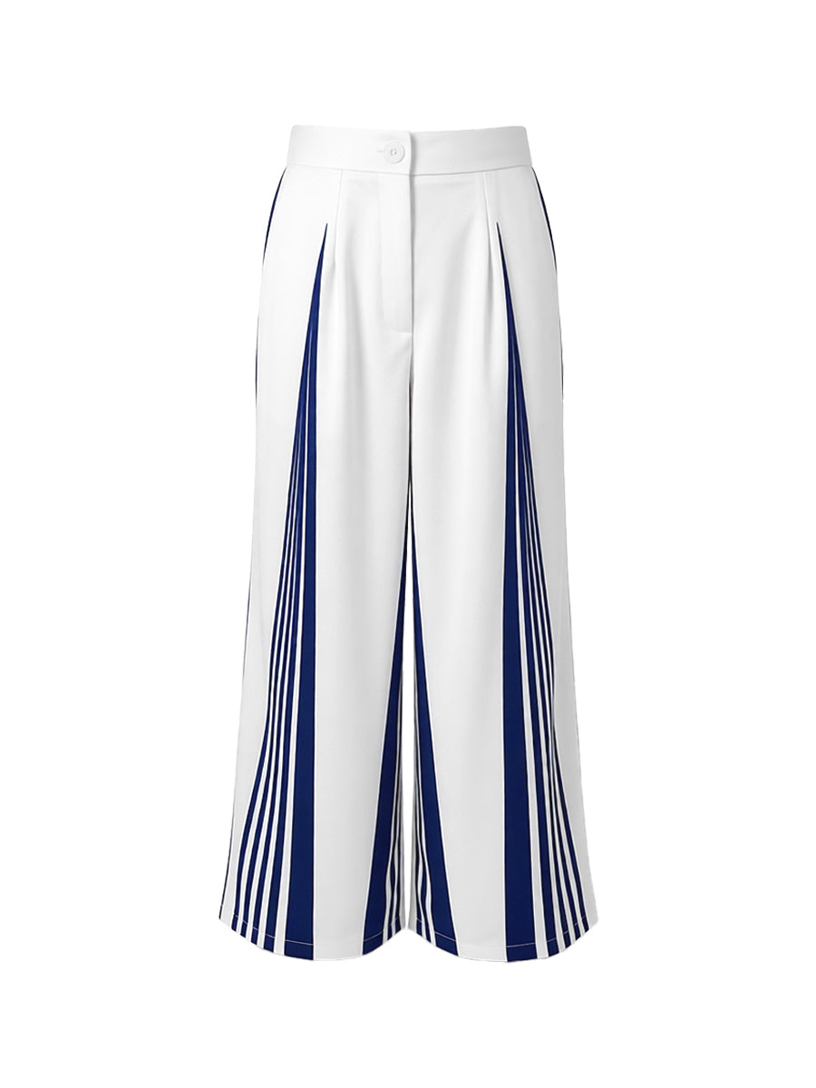 High Waisted Wide Leg Contrast Color No Belt Pockets Pants Trousers