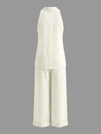 Loose Solid Color V-Neck Sleeveless Vest Top + Pockets Pants Trousers Two Pieces Set