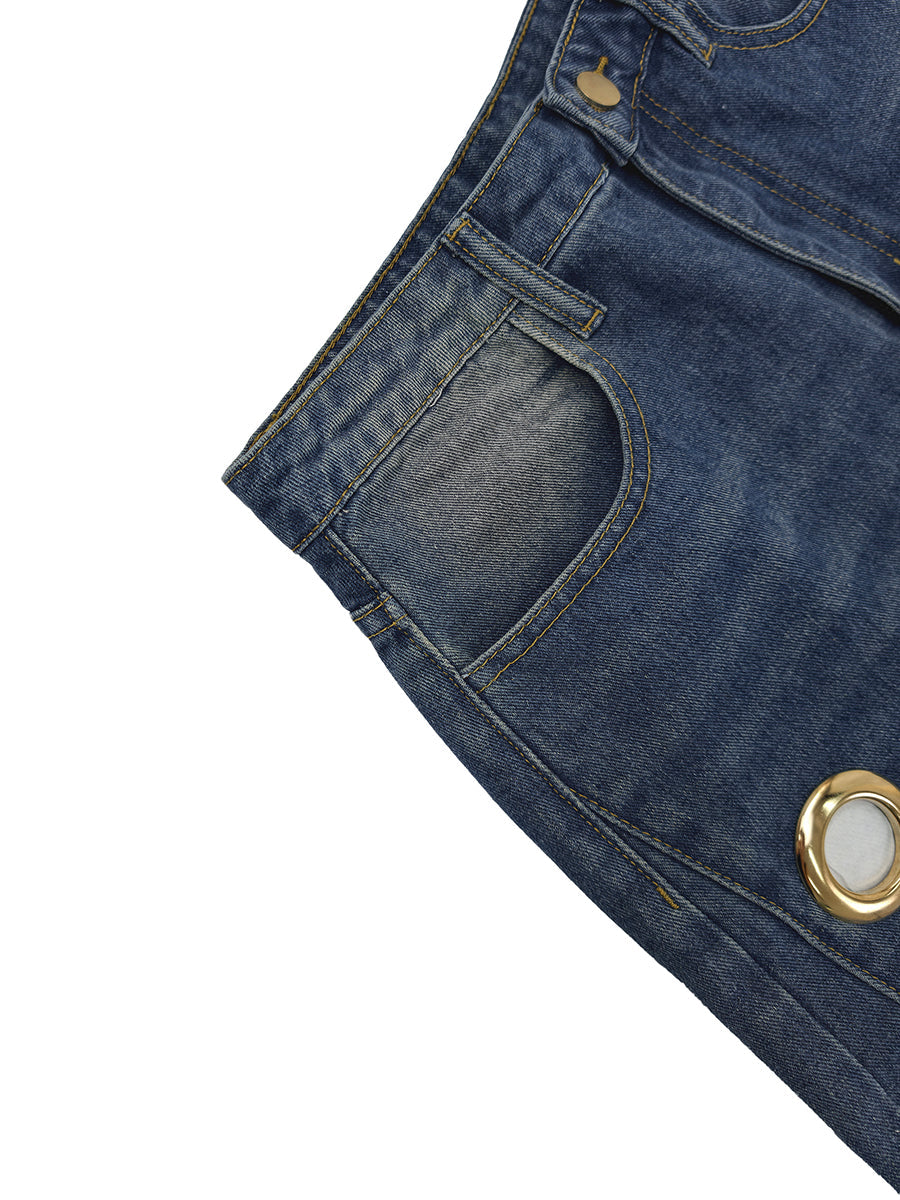 Split-Joint Pockets Hollow Geometric Buttoned Wide Leg Loose Jean Pants Bottoms