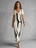 Split-Back Printed Contrast Color Short Sleeves High Waisted V-Neck Maxi Dresses