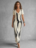 Split-Back Printed Contrast Color Short Sleeves High Waisted V-Neck Maxi Dresses