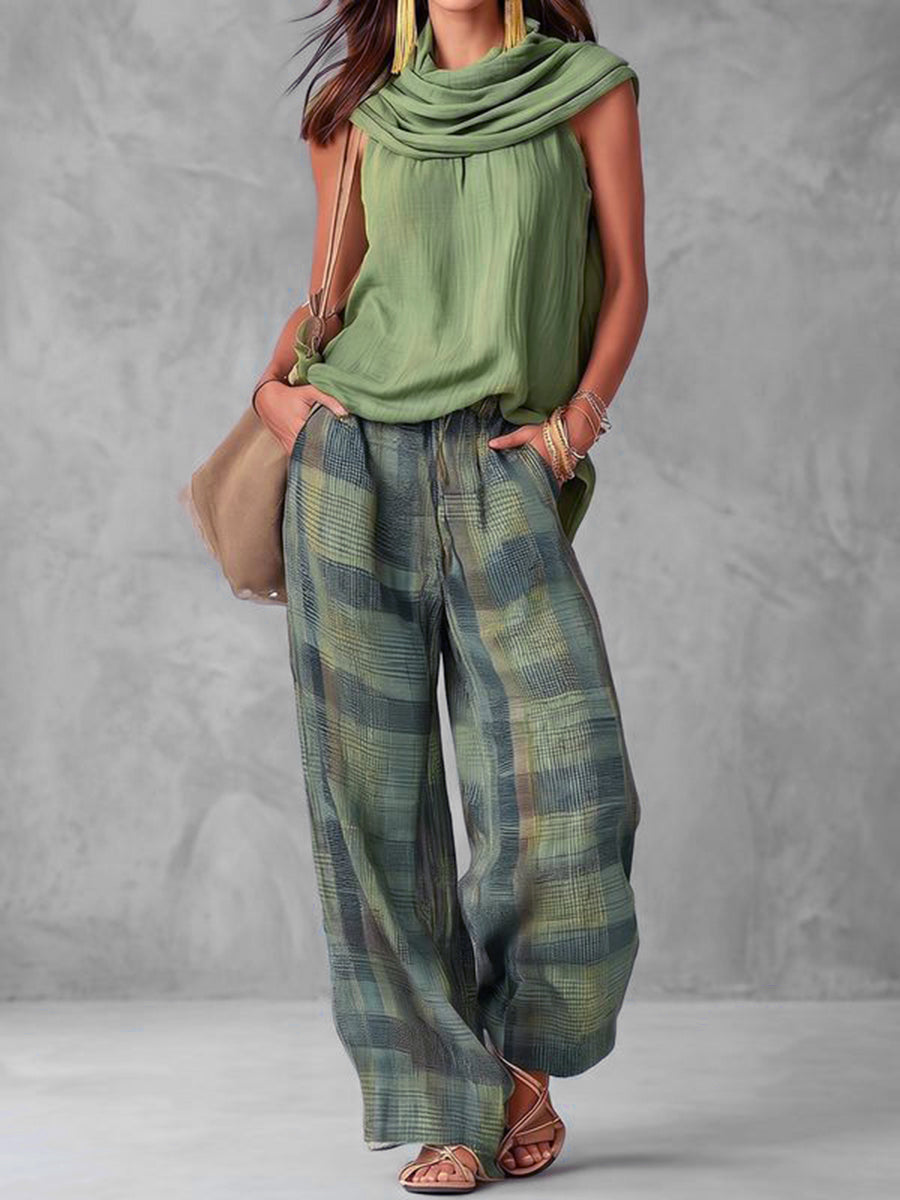 Solid Color Pleated Sleeveless Loose Halter-Neck Tank Top