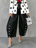 Pockets Pleated Contrast Color Buttoned Wide Leg High Waisted Trousers Pants