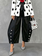 Pockets Pleated Contrast Color Buttoned Wide Leg High Waisted Trousers Pants