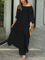 Asymmetric Solid Color High Waist High-Low Round-Neck Tops + Wide Leg Pants Bottoms Two Pieces Set