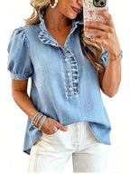 Split-Joint Solid Color Ruffled Pleated Buttoned Short Sleeves Stand Collar Blouses&shirts Tops