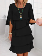 Half Sleeves Loose Layered Ruffled Solid Color Split-Joint Round-Neck Mini Dresses