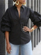 Loose Puff Sleeves Buttoned Solid Color Tied Lapel Blouses&Shirts Tops