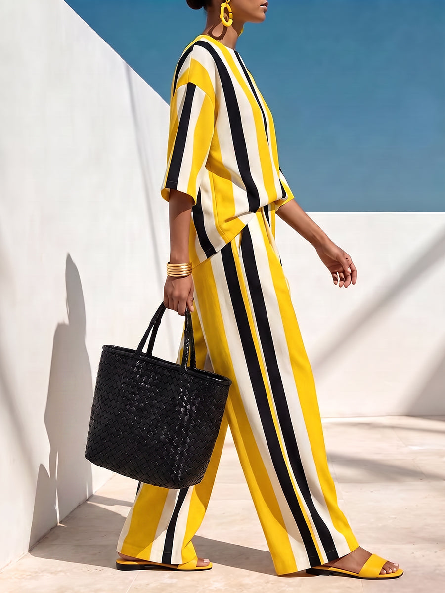 Striped Contrast Color Loose Half Sleeves Round-neck Blouses&shirts Tops