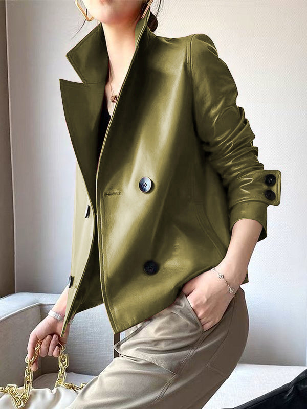 Long Sleeves Buttoned Solid Color Notched Collar Jackets&Coats Outerwear