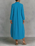 Solid Color Pockets Loose Long Sleeves V-neck Midi Dresses