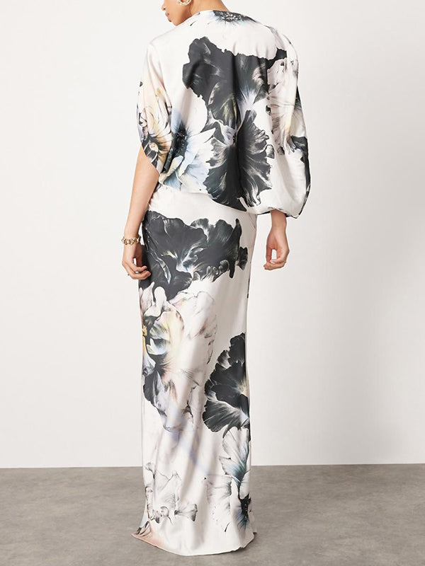 Batwing Sleeves Loose Asymmetric Floral Printed Split-Joint Split-Side One-Shoulder Evening Dresses Maxi Dresses