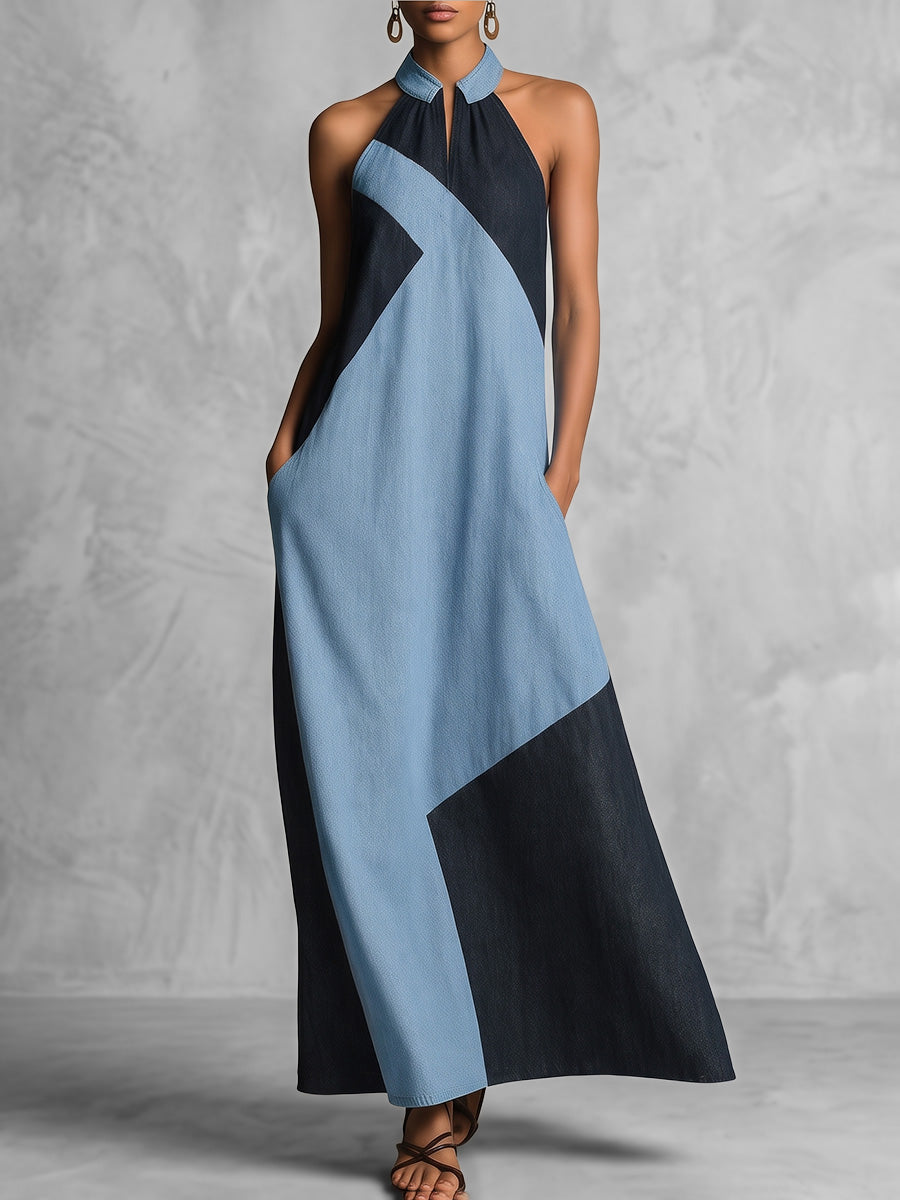 Zipper Split-Joint Pockets Contrast Color Sleeveless Loose Halter-Neck Maxi Dresses