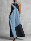 Zipper Split-Joint Pockets Contrast Color Sleeveless Loose Halter-Neck Maxi Dresses