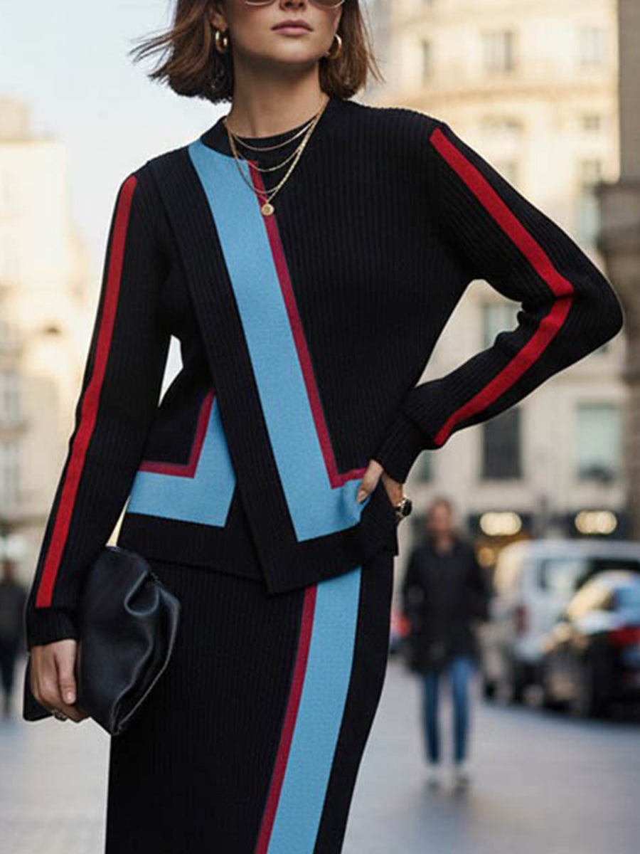 Irregularity Long Sleeves Abstract Printed Asymmetric Contrast Color Ribs Split-Joint Round-Neck Sweater Tops