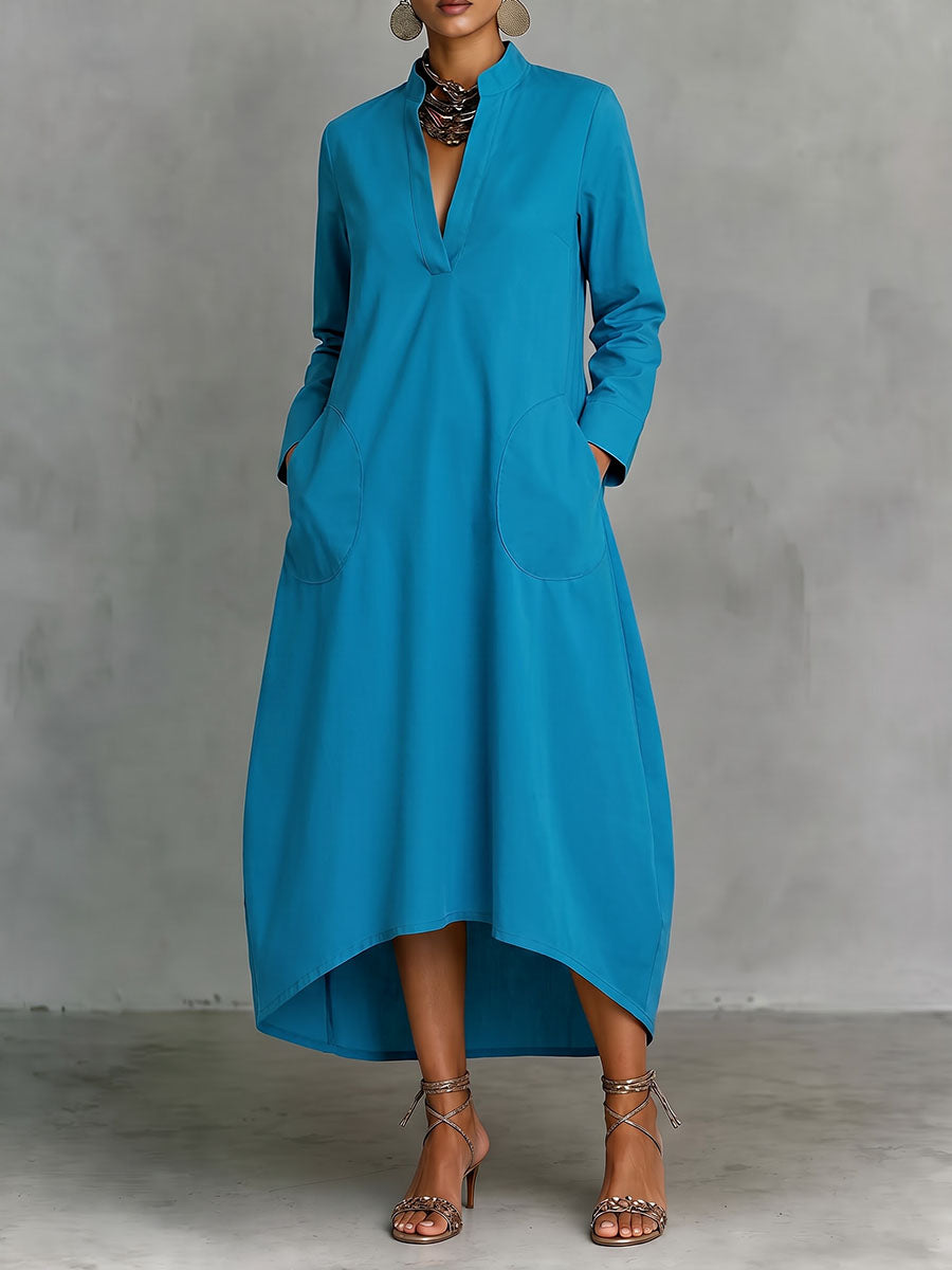 Solid Color Pockets Loose Long Sleeves V-neck Midi Dresses