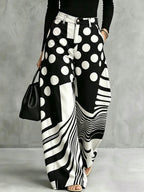 Zipper Striped Polka-Dot Pockets Contrast Color Buttoned Wide Leg Loose Trousers Pants