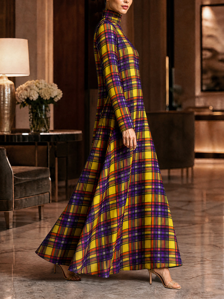 Zipper Pockets Plaid Contrast Color Big Hemline Long Sleeves A-line High-neck Maxi Dresses