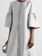 Flared Sleeves Half Sleeves Shiny Solid Color Round-Neck Midi Dresses