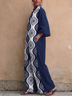Printed Pockets Contrast Color Wide Leg Three-quarter Sleeves V-neck Jumpsuits