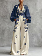 Pockets Flower Print Elasticity Contrast Color Wide Leg Long Sleeves V-neck Jumpsuits