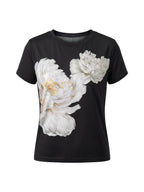 Flower Print Contrast Color Short Sleeves Round-Neck T-Shirts Tops