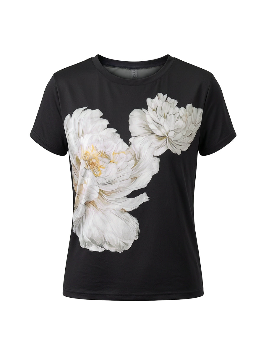 Flower Print Contrast Color Short Sleeves Round-Neck T-Shirts Tops
