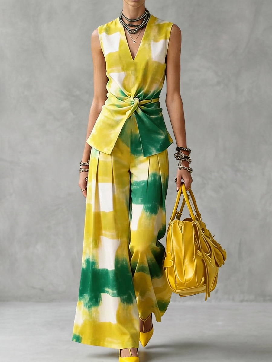 Tied Printed Knot Contrast Color Sleeveless V-Neck Blouses&Shirts Tops