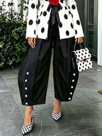 Pockets Pleated Contrast Color Buttoned Wide Leg High Waisted Trousers Pants
