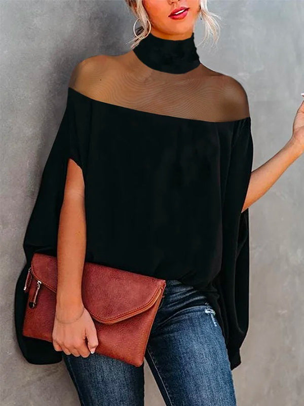 See-Through Batwing Sleeves High-neck Blouses&shirts Tops