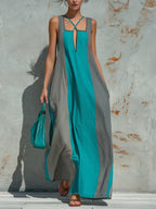 Split-Joint Pockets Contrast Color Backless Sleeveless Loose Square-Neck Maxi Dresses