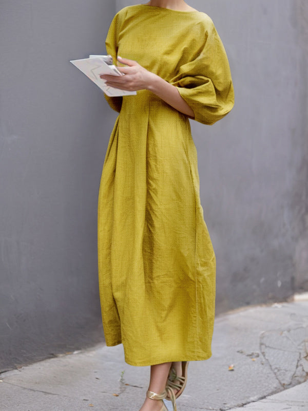 Half Sleeves Loose Solid Color Round-neck Maxi Dresses