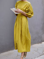 Half Sleeves Loose Solid Color Round-neck Maxi Dresses