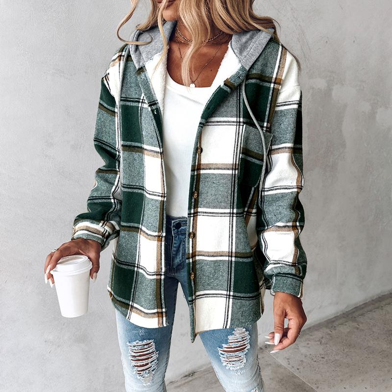HONEY™ - Women’s Plaid Fleece Lined Hooded Shacket Jacket