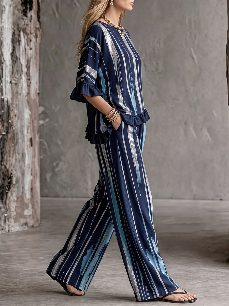 Printed Pockets Wide Leg High Waisted Trousers Pants