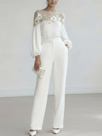 Loose Puff Sleeves Applique Flower Shape Mesh Split-Joint Round-Neck Blouses&Shirts Tops