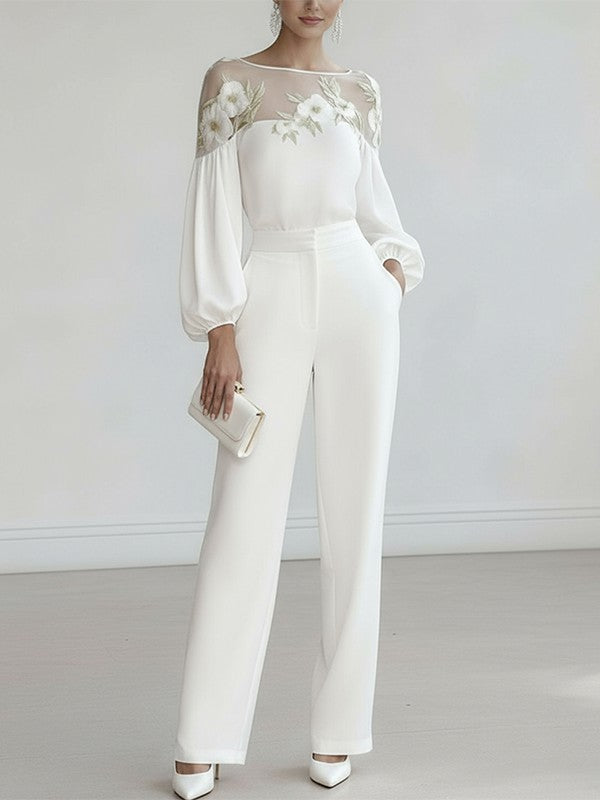 Loose Puff Sleeves Applique Flower Shape Mesh Split-Joint Round-Neck Blouses&Shirts Tops