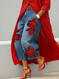 Loose Wide Leg Flower Print No Belt Pockets Jean Pants Bottoms Ninth Pants