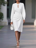 Elasticated Waist High Waisted Hollow Pleated Solid Color Round-Neck Midi Dresses