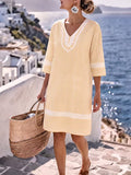 Striped Printed Pockets Contrast Color Loose Half Sleeves V-neck Midi Dresses