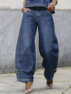 High Waisted Wide Leg Buckle Pockets Solid Color Jean Pants Bottoms